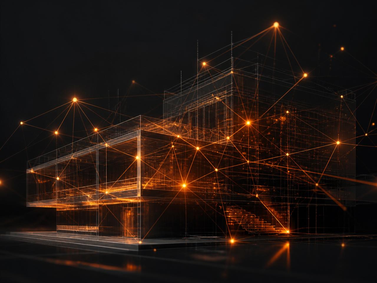 Abstract visualization of AI agents coordinating across a building model
