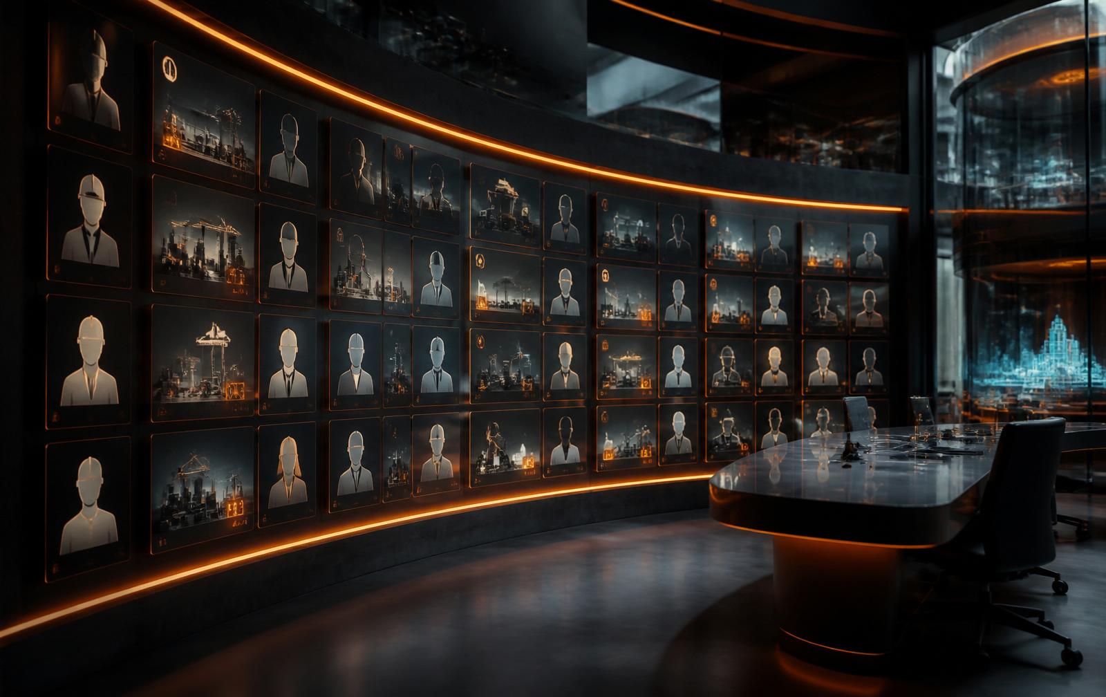 Wall of AI employee profiles inside a construction operations command room