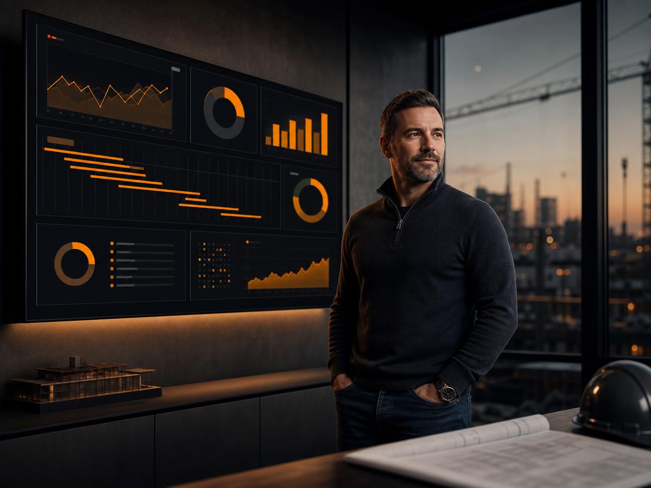 Contracting company owner reviewing an AI-generated performance dashboard at dusk